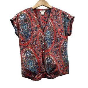 LUCKY BRAND Women's Red Paisley Short Rolled Sleeve V Neck Tie Waist Top Size S